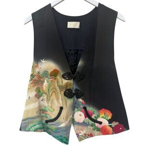 HARTLY Japanese Design Vest Black One Size Frog Closure Artsy Lagenlook Asian
